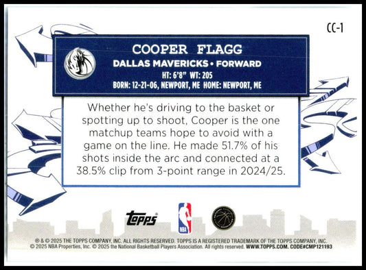 2025-26 Topps Clutch City Prospects #CC-1 Cooper Flagg Dallas Mavericks