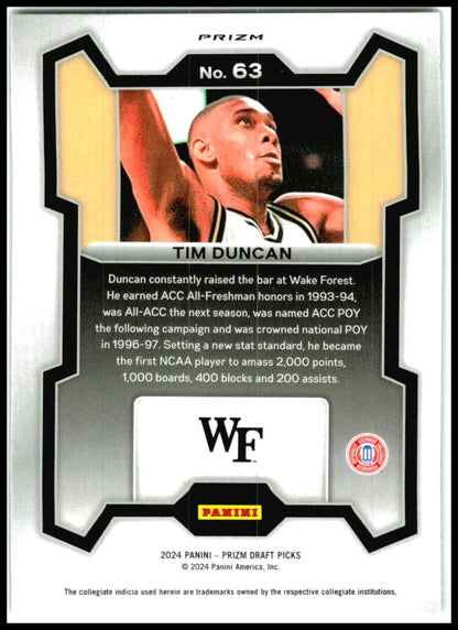 2024 Panini Prizm Draft Picks Prizms Purple Wave #63 Tim Duncan Spurs