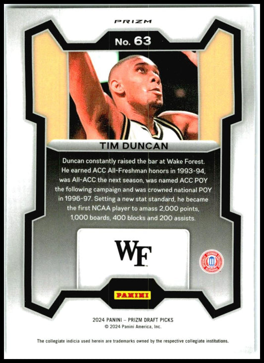2024 Panini Prizm Draft Picks Prizms Purple Wave #63 Tim Duncan Spurs