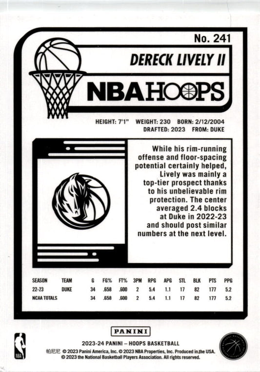 2023-24 Hoops Winter #241 Dereck Lively II Rookie Dallas Mavericks