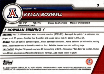 2023-24 Bowman University Chrome #3 Kylan Boswell Arizona Wildcats