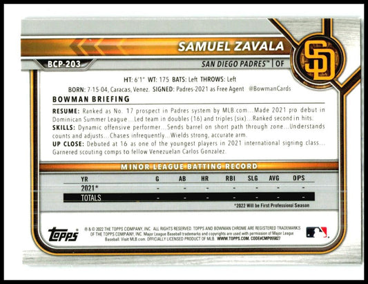 2022 Bowman Chrome Prospects #BCP-203 Samuel Zavala San Diego Padres