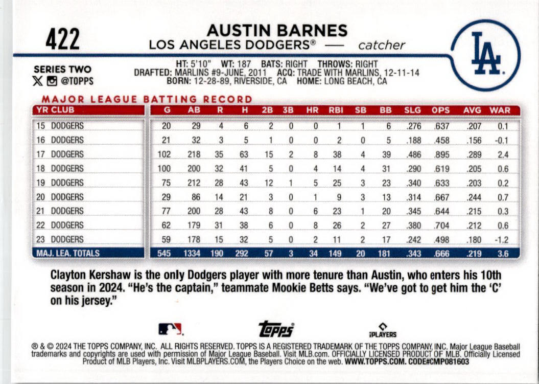 2024 Topps Summer Holiday #422 Austin Barnes Los Angeles Dodgers