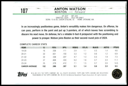 2024-25 Topps Chrome Blue Basketball Refractor #107 Anton Watson Rookie Celtics
