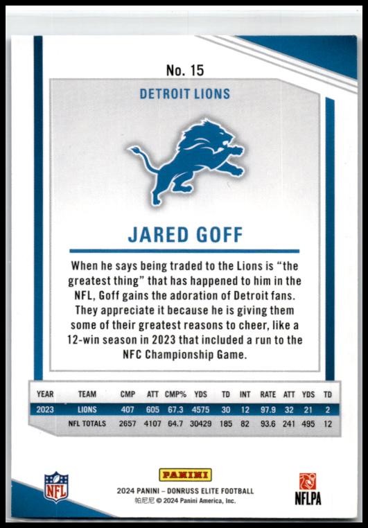 2024 Donruss Elite Status Sparkle #15 Jared Goff #/299 Detroit Lions