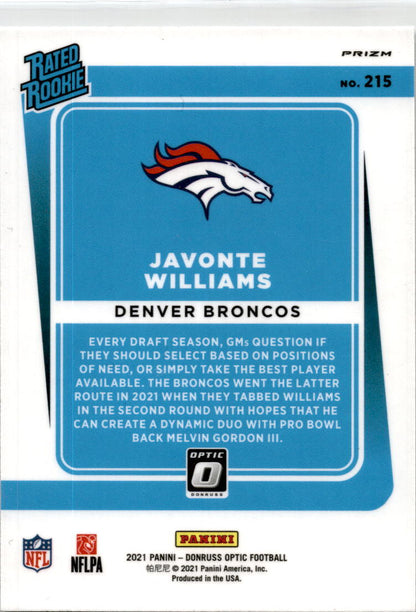 2021 Donruss Optic Holo #215 Javonte Williams Rookie Denver Broncos