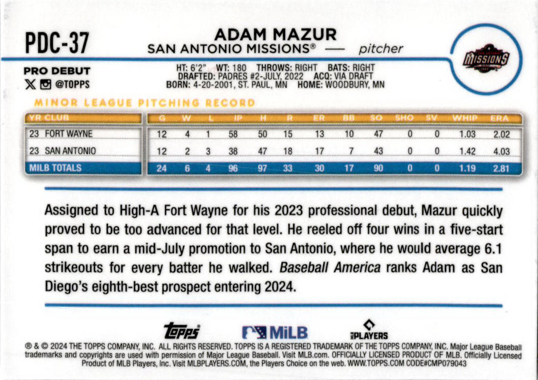 2024 Topps Chrome Pro Debut #PDC-37 Adam Mazur