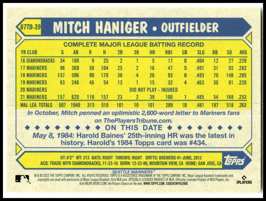 2022 Topps 1987 Topps Baseball 35th Anniversary #87TB-39 Mitch Haniger Seattle