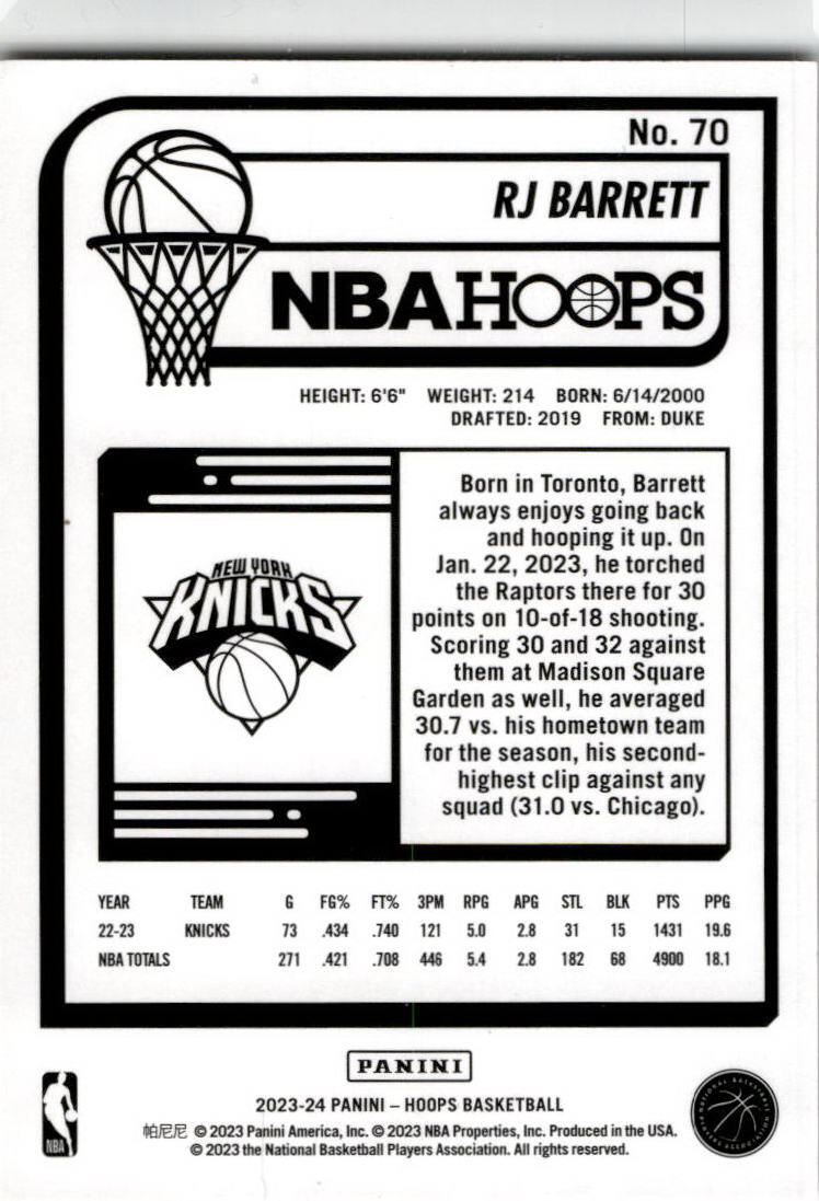 2023-24 Hoops Red #70 RJ Barrett /75 New York Knicks