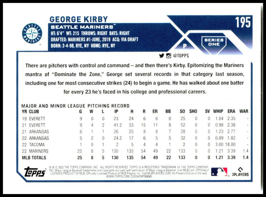 2023 Topps #195 George Kirby Seattle Mariners