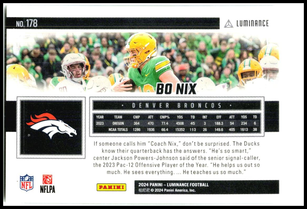 2024 Panini Luminance #178 Bo Nix Rookie Denver Broncos