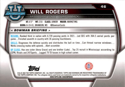 2022 Bowman Chrome University #46 Will Rogers  Mississippi State Bulldogs