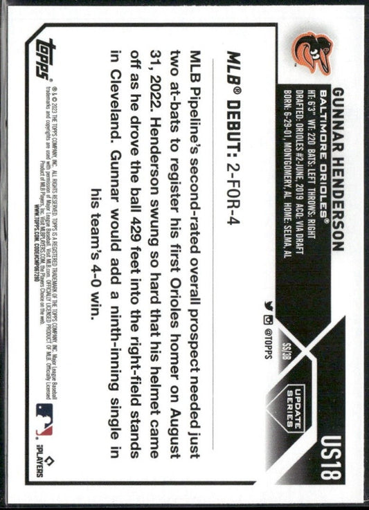 2023 Topps Update #US18 Gunnar Henderson Orioles RC Rookie Card