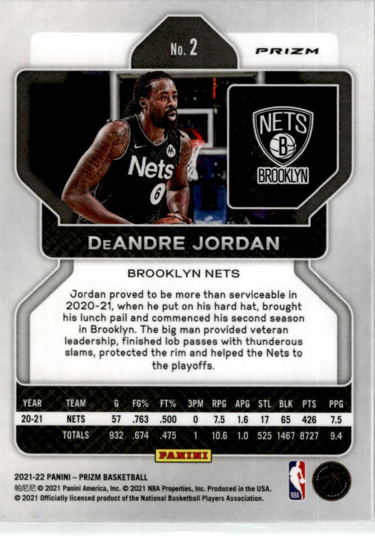 2021-22 Panini Prizm Green #2 DeAndre Jordan Brooklyn Nets