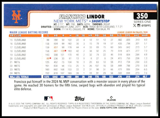 2025 Topps #350 Francisco Lindor New York Mets