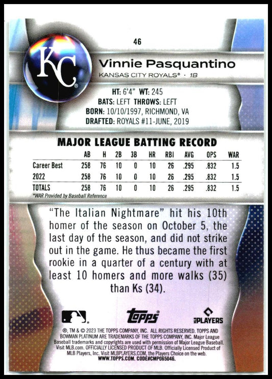 2023 Bowman Platinum #46 Vinnie Pasquantino Rookie Kansas City Royals