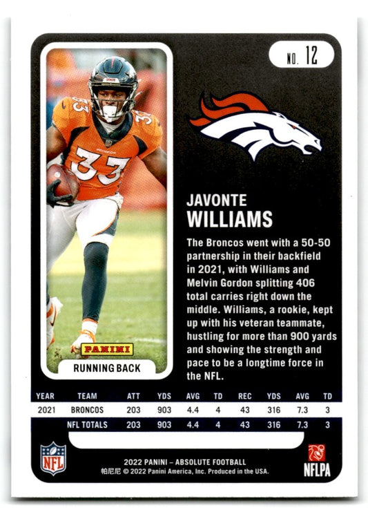 2022-23 Panini Absolute Greem Javonte Williams Denver Broncos #12
