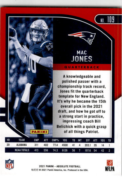 2021 Panini Absolute #109 Mac Jones Rookie New England Patriots