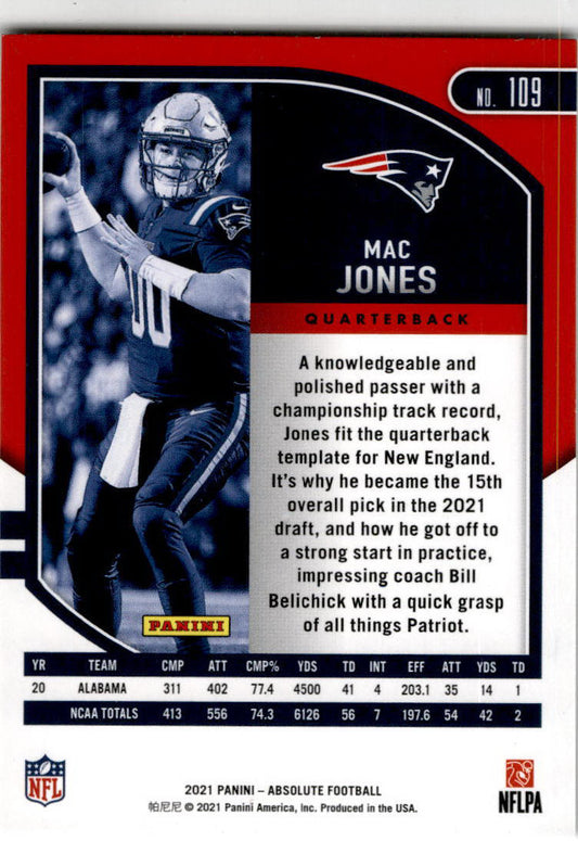 2021 Panini Absolute #109 Mac Jones Rookie New England Patriots
