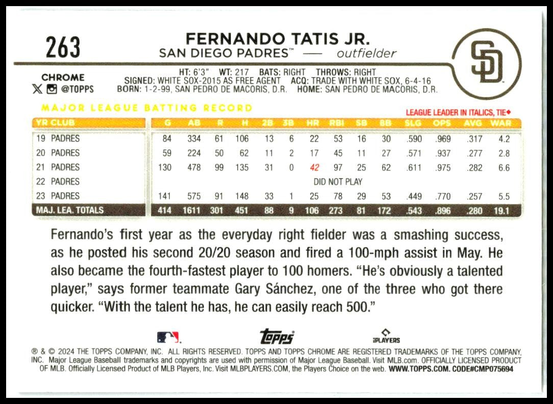 2024 Topps Chrome #263 Fernando Tatis Jr. San Diego Padres