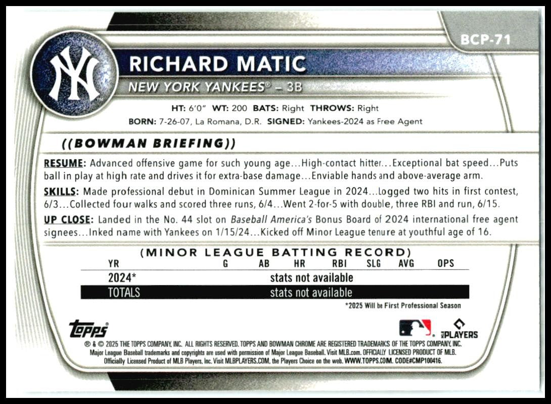 2025 Bowman Chrome Prospects #BCP-71 Richard Matic New York Yankees