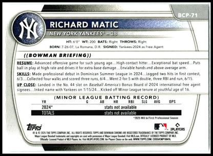 2025 Bowman Chrome Prospects #BCP-71 Richard Matic New York Yankees