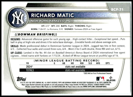 2025 Bowman Chrome Prospects #BCP-71 Richard Matic New York Yankees