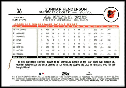2024 Topps Chrome #36 Gunnar Henderson Baltimore Orioles