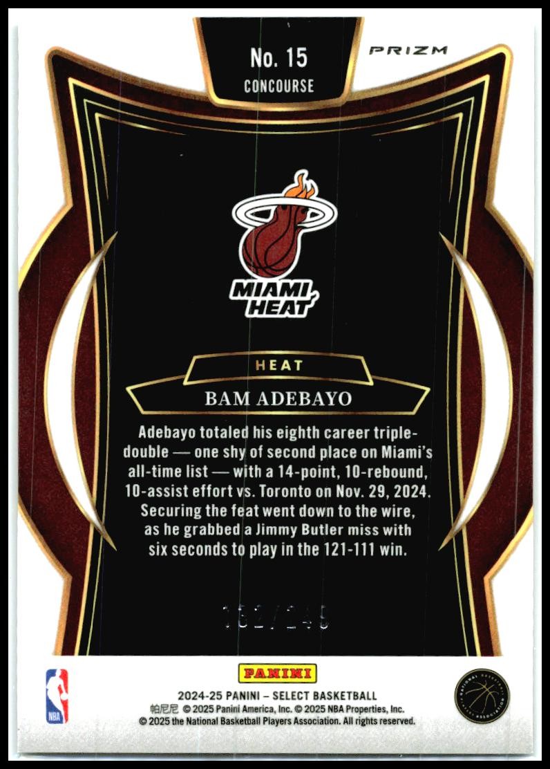 2024-25 Panini Select Purple Flash /249 #15 Bam Adebayo Miami Heat