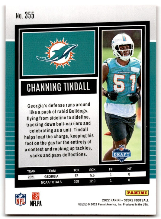 2022 Score Channing Tindall Rookie Miami Dolphins #355