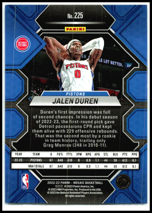 2022-23 Panini Mosaic #225 Jalen Duren Rookie Detroit Pistons