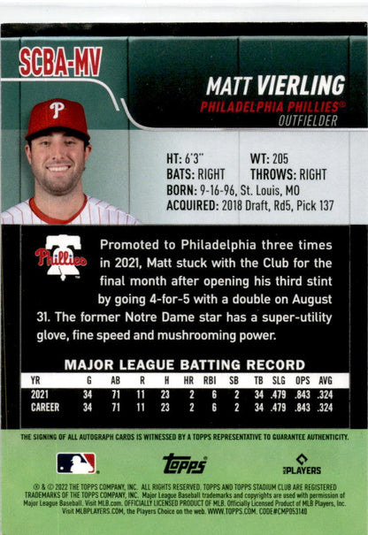 2022 Stadium Club Autographs #SCBA-MV Matt Vierling Auto Philadelphia Phillies