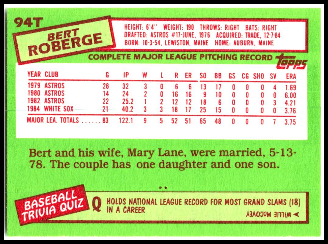 1985 Topps Traded #94T Bert Roberge Montreal Expos