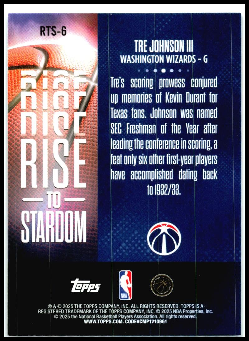 2025-26 Topps Rise to Stardom Rainbow Foilboard #RTS-6 Tre Johnson III Wizards