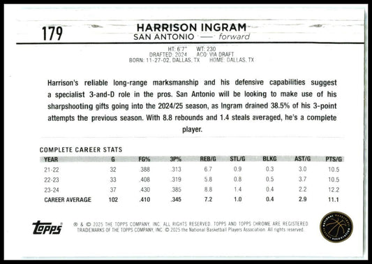 2024-25 Topps Chrome #179 Harrison Ingram Rookie San Antonio Spurs