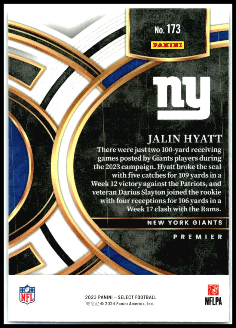 2023 Panini Select #173 Jalin Hyatt Rookie New York Giants