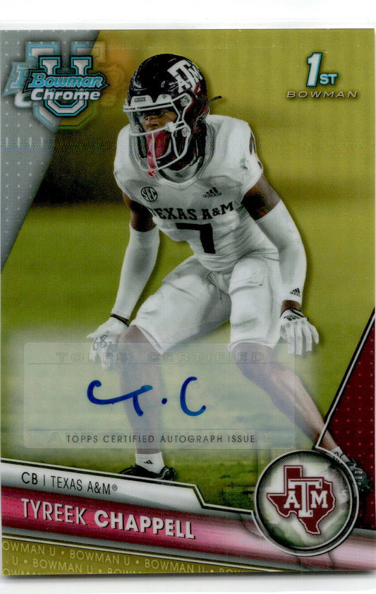2023 Bowman University Chrome Yellow #117 Tyreek Chappell Auto /75 Aggies