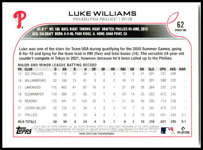 2022 Topps #62 Luke Williams Philadelphia Phillies