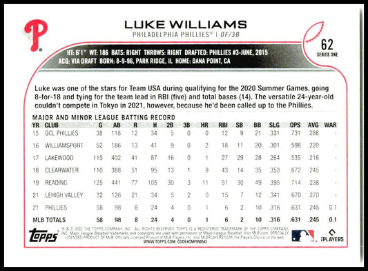 2022 Topps #62 Luke Williams Philadelphia Phillies