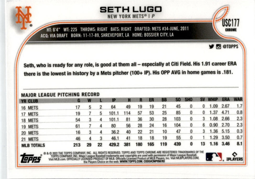 2022 Topps Chrome Update Purple Refractor #USC177 Seth Lugo New York Mets
