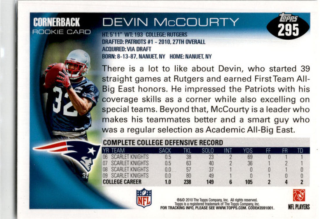 2010 Topps #295 Devin McCourty Rookie New England Patriots