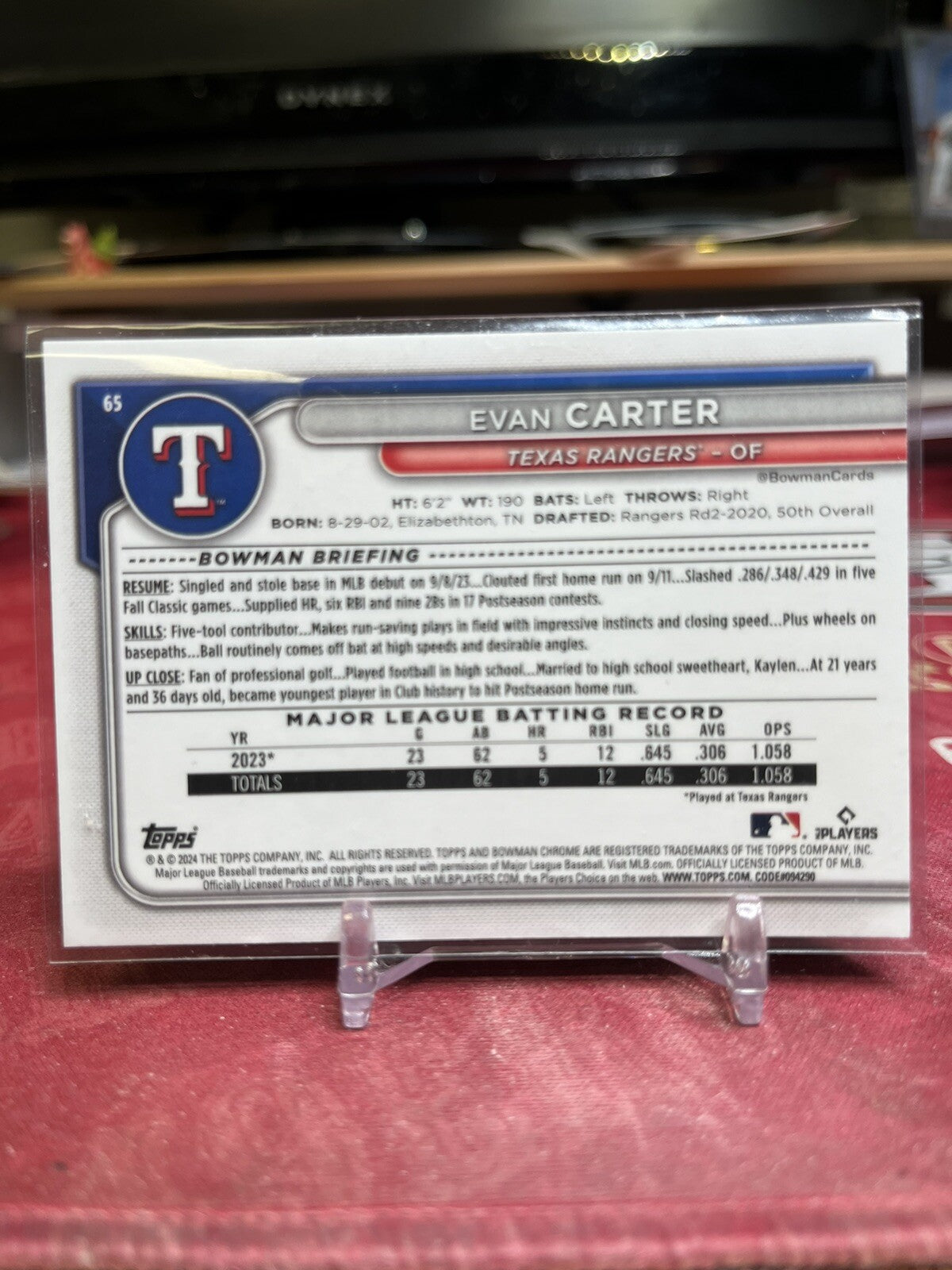 2024 Bowman Chrome Green Mojo 65 Evan Carter Rookie #/99 Texas Ranger