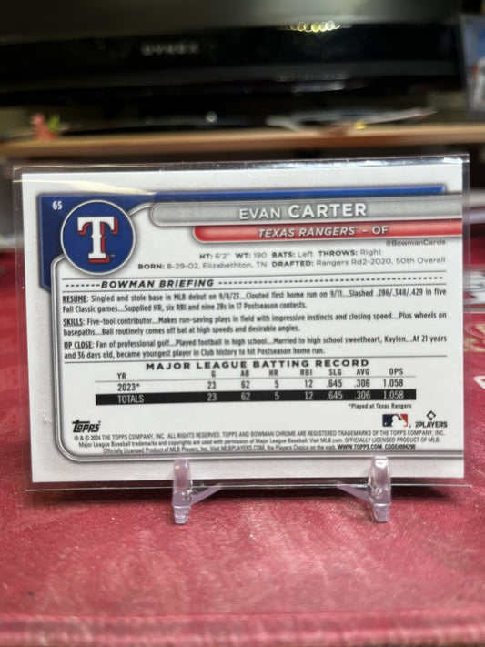 2024 Bowman Chrome Green Mojo 65 Evan Carter Rookie #/99 Texas Ranger