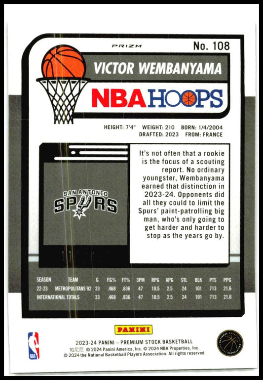 2023-24 Hoops Premium Stock Red Seismic Prizm #108 Victor Wembanyama Spurs