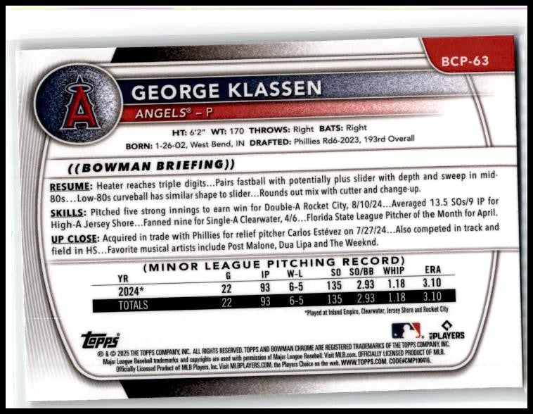 2025 Bowman Chrome #BCP-63 George Klassen Angels