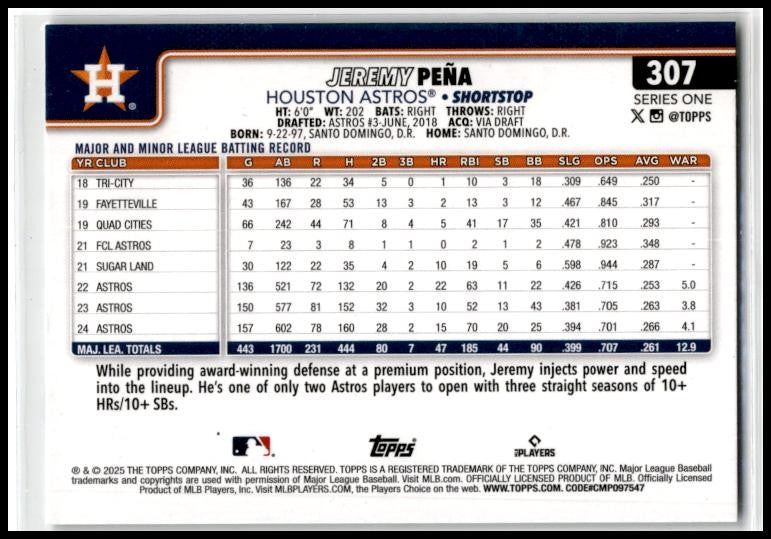 2025 Topps Sandglitter #307 Jeremy Peña Houston Astros