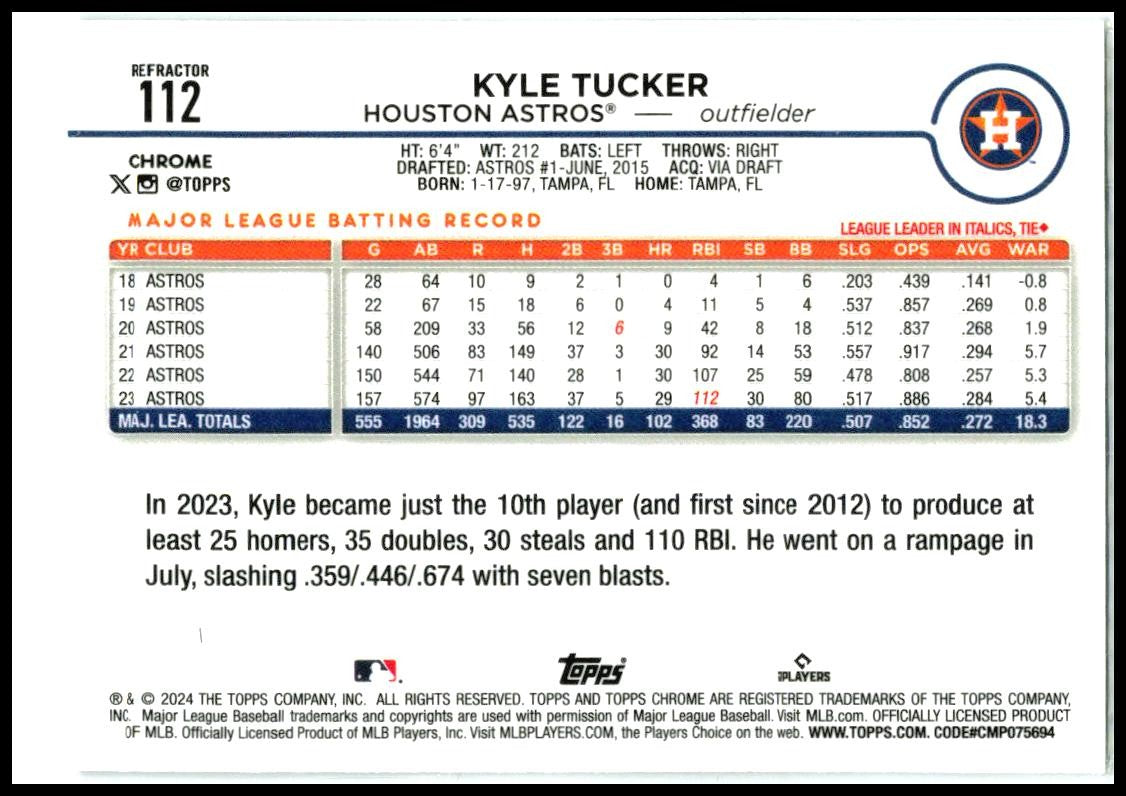 2024 Topps Chrome Refractors #112 Kyle Tucker Houston Astros