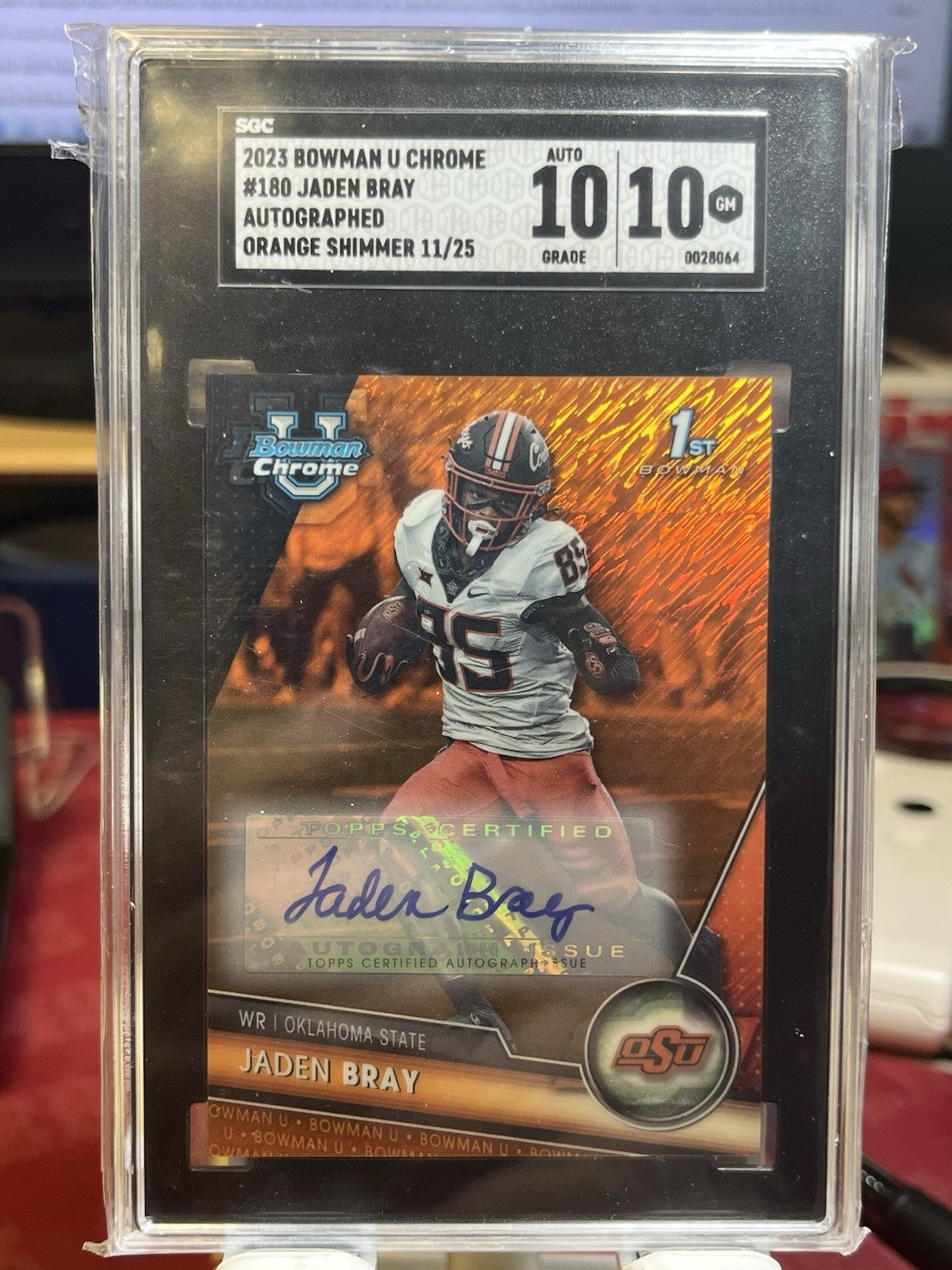 2023 Bowman Chrome U 1st Orange Shimmer #180 Jaden Bray Auto /25 SGC 10 Gem Mint