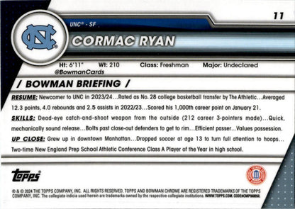 2023-24 Bowman University Chrome #11 Cormac Ryan North Carolina Tar Heels