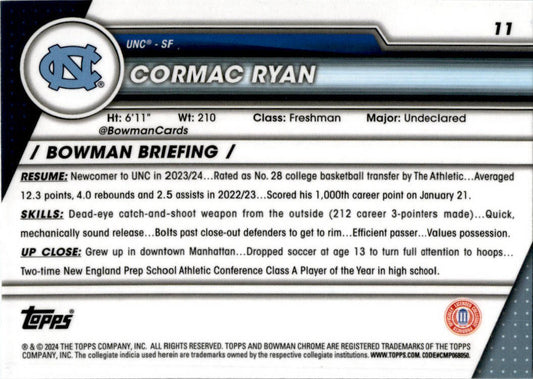 2023-24 Bowman University Chrome #11 Cormac Ryan North Carolina Tar Heels